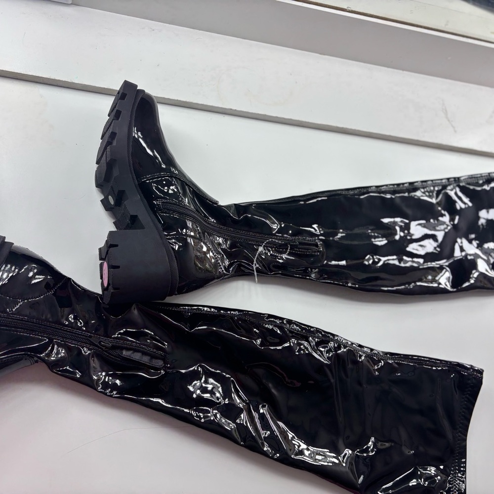 Shiny Black Knee-High Boots